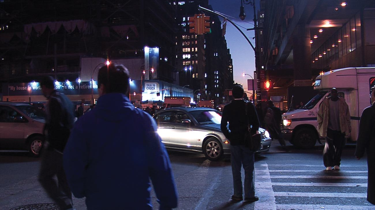 Scenes from Plot Point (2007, New York) shot solely with hidden cameras around Times Square, defies traditions of narration. The cinematic triptych time, form and sound suffice in offering mystery and tension. 