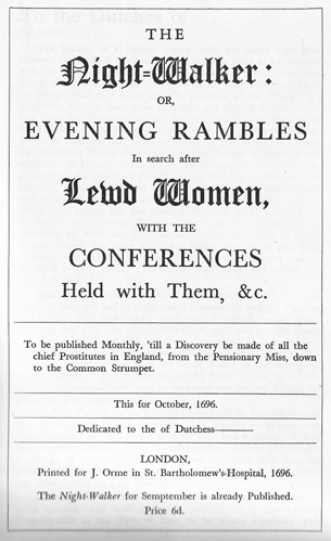 Facsimile of the title-page to the October edition of The Night-Walker: Or, Evening Rambles in Search after Lewd Women, with the Conferences Held with Them 